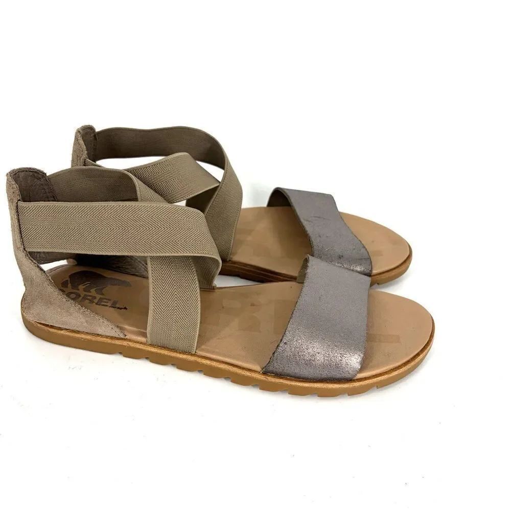 Sorel Ella II Sandals Size 8 Womens Bronze Brown Leather Ankle Strap Flat Dressy
